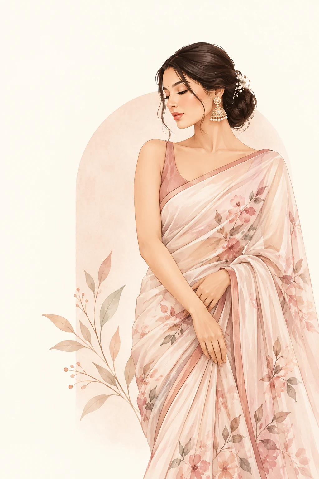 Elegant illustrated woman wearing a blush floral saree